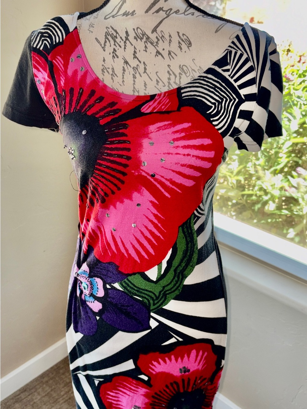 Desigual Red, Pink & Black Floral Midi Dress, ruched.